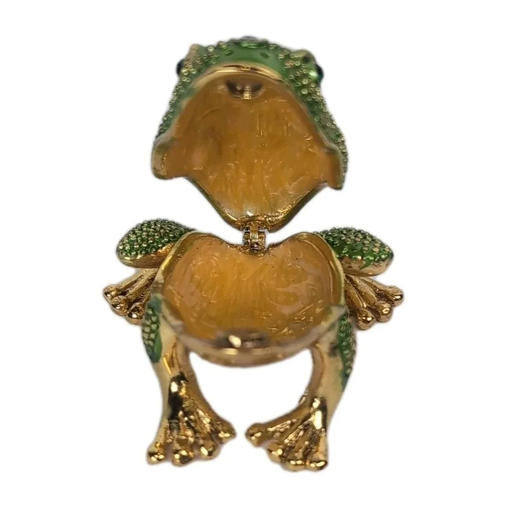 Hinged Keren Kopal Style Gold Tone Frog Trinket Box Rhinestones Green Eyes Vintg